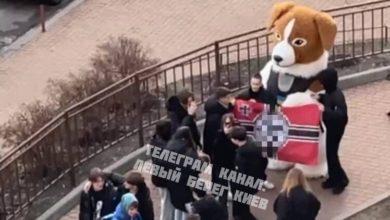 Photo of В Киеве развернули флаг со свастикой рядом с аниматором в костюме пса Патрона. Полиция открыла дело